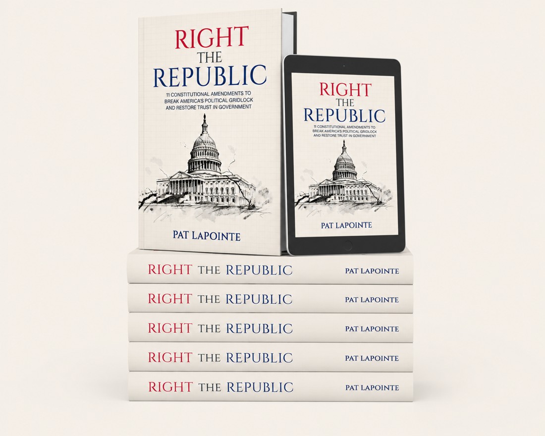 Right the Republic — the standing hardcover and an e-reader resting atop a stack of hardcover copies, each showing the cover: an ink drawing of the U.S. Capitol on engineer's graph paper.