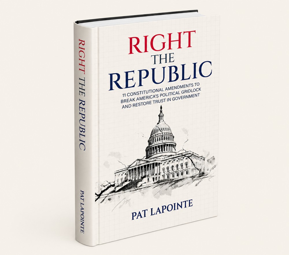 Right the Republic, a hardcover book shown at an angle — an ink drawing of the U.S. Capitol on engineer's graph paper, with cracks running through the structure.